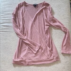 Princess soft Pink Ribbed Wrap-Front Long Sleeve Top